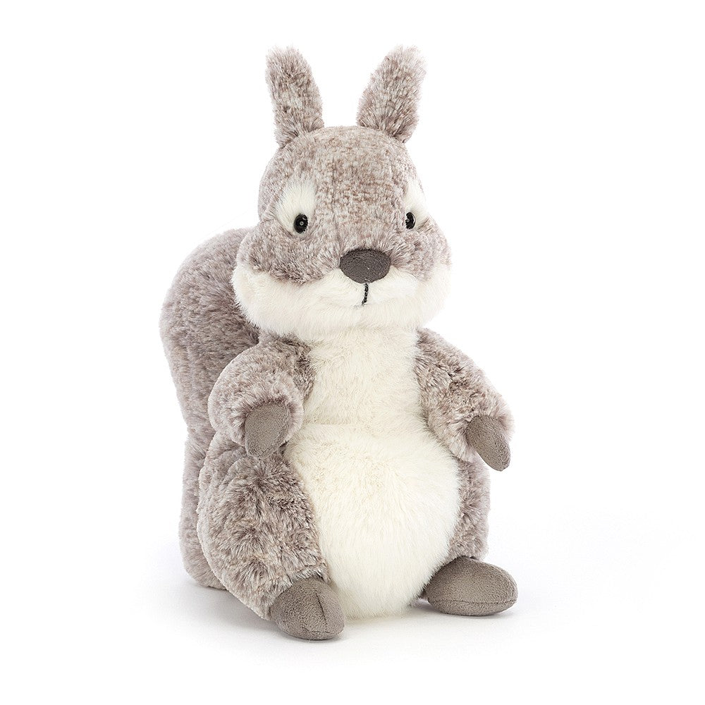Jellycat Ambrosie Squirrel - a gorgeous peeble-grey squirrel with a big squishy tail, fuzzy tum and suedey grey paws. AMB3S. Sold by Say It Baby Gifts