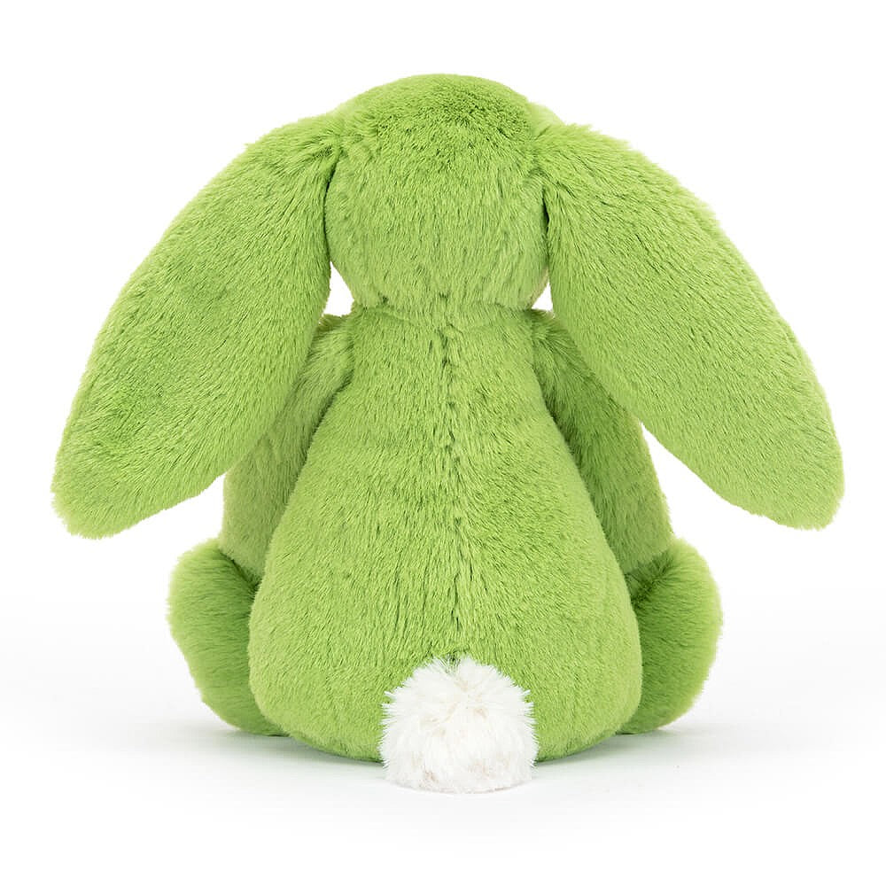 This super soft Jellycat Bashful Apple Bunny has zingy green fur,  pastel-pink nose and the cutest white bob tail!. BASS6BAP. Sold by Say It Baby Gifts. back view with bob tail