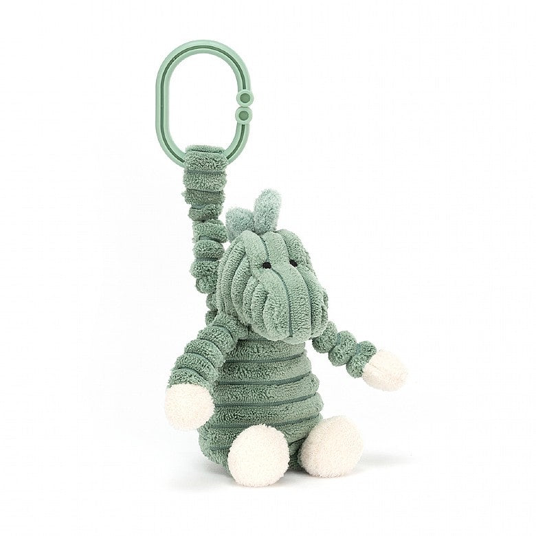 Jellycat Cordy Roy Dino Jitter Toy - a soft and squashy sage coloured dinosaur with cream paws and chunky cordy body. Say It Baby Gifts - with handy hoop for on the go fun!