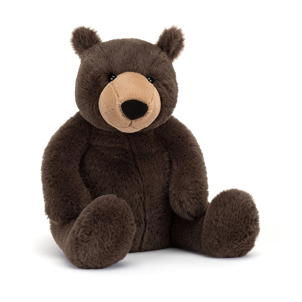 Jellycat Knox Bear is a scrummy, chunky bear with a soft nougat snout and dark chocolate fur.  KNOX2B. Sold by Say it Baby Gifts
