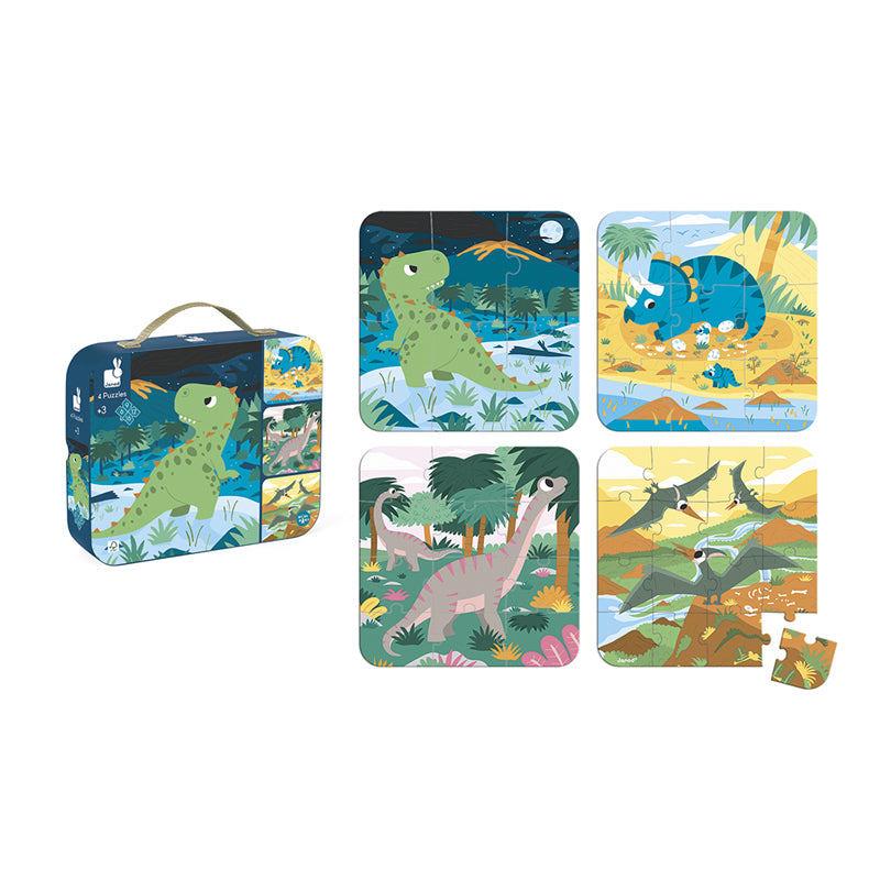 Janod Progressive Difficulty Puzzles - Dinosaurs. Four beautifully illustrated dinosaur themed jigsaws, each progressively more challenging. Sold by Say It Baby Gifts