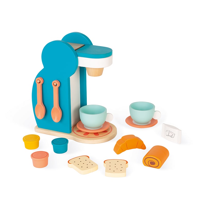 This gorgeous Janod Breakfast Set features a coffee machine with 14 accessories!