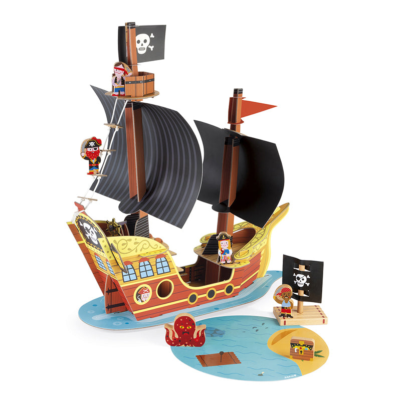 Janod Pirate Ship. Adventure and stories await with this fantastic Story Pirate Ship. Climb the ladder, search for enemy ships and even walk the plank! Accessories include a raft, animals and characters. Sold by Say It Baby Gifts