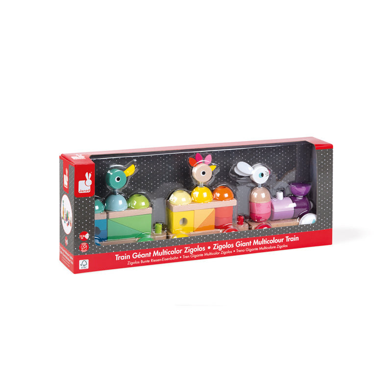 Made with a combination of cherry and beech wood, the train houses multiple shapes and three adorable animals. The giant train is painted in a rainbow of vibrant colours with water based paints.