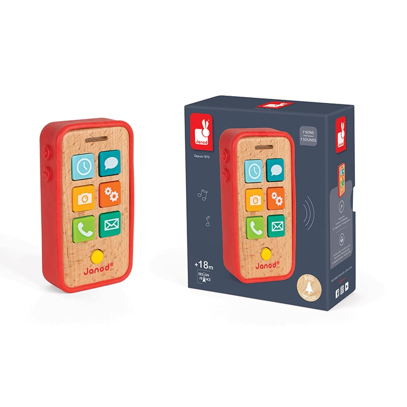 This great toy telephone by Janod is made from beech wood and has 7 soft plastic sound keys: home key, email, alarm, ring, camera, settings and SMS.  The sound telephone is protected by a silicone case that's easy for