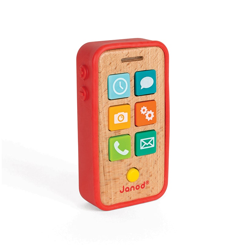 This great toy telephone by Janod is made from beech wood and has 7 soft plastic sound keys: home key, email, alarm, ring, camera, settings and SMS.  The sound telephone is protected by a silicone case that's easy for