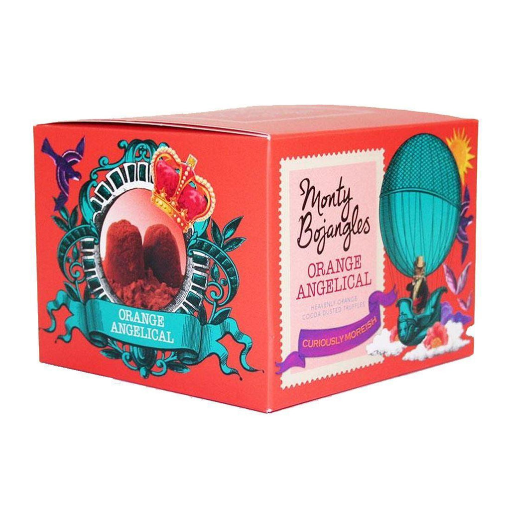 Monty Bojangles Orange Angelical French Truffles - Say It Baby. Deliciously decadent, these delightful truffles are swirled with candied orange pieces finished with a generous dusting of exquisite bitter-sweet cocoa.