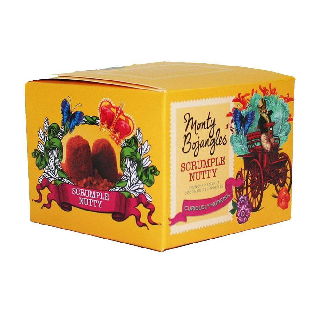 Monty Bojangles Scrumple Nutty French Truffles - Say It Baby. Deliciously decadent, these delightful truffles are whirled up with seriously nutty toasted hazelnut pieces finished with a generous dusting of exquisite bitter-sweet cocoa.
