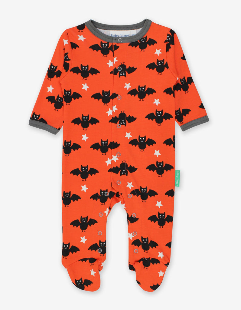 This fabulous Toby Tiger Organic Bat Print Sleepsuit is bright orange in colour with cute black bats and contrasting grey trim. It also glows in the dark!
