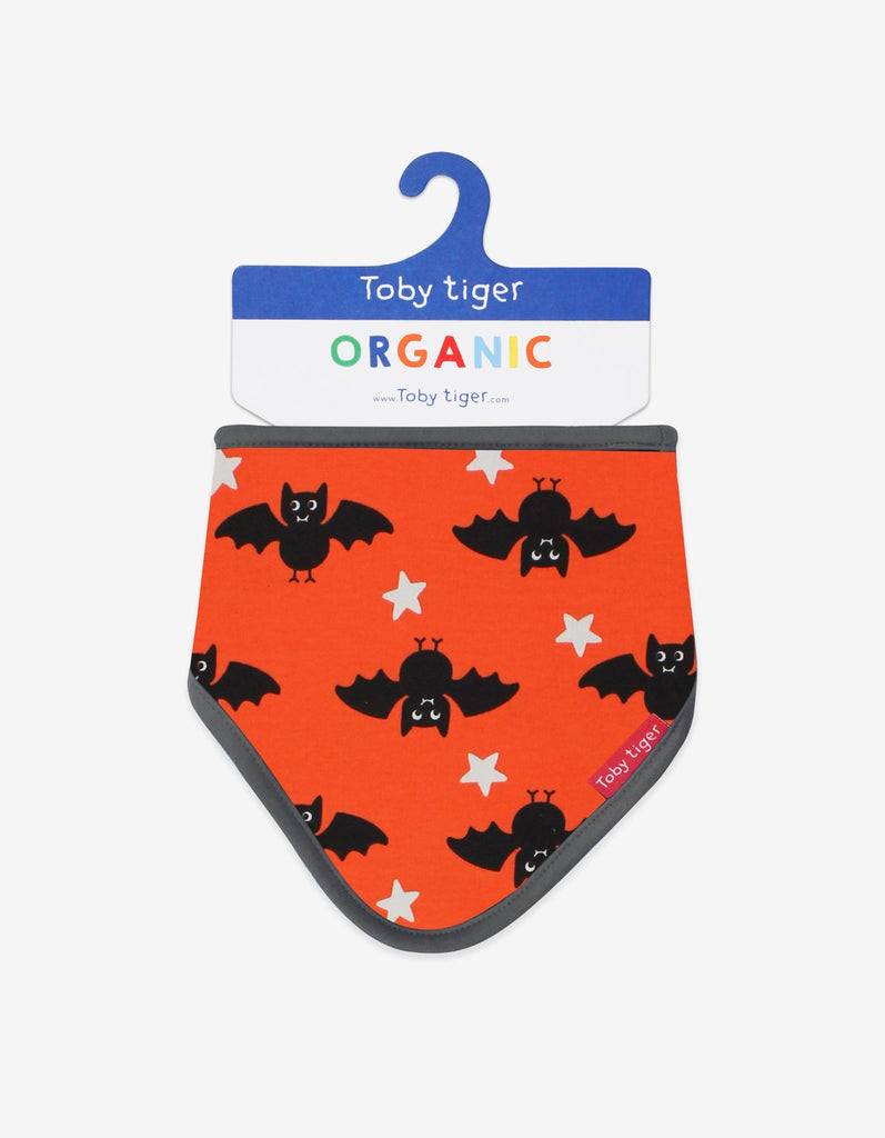 Bright orange with cute black bats and grey trim, this gorgeous Toby Tiger Dribble Bib is made with 100% organic cotton, super soft and lined with towelling for extra absorbency.