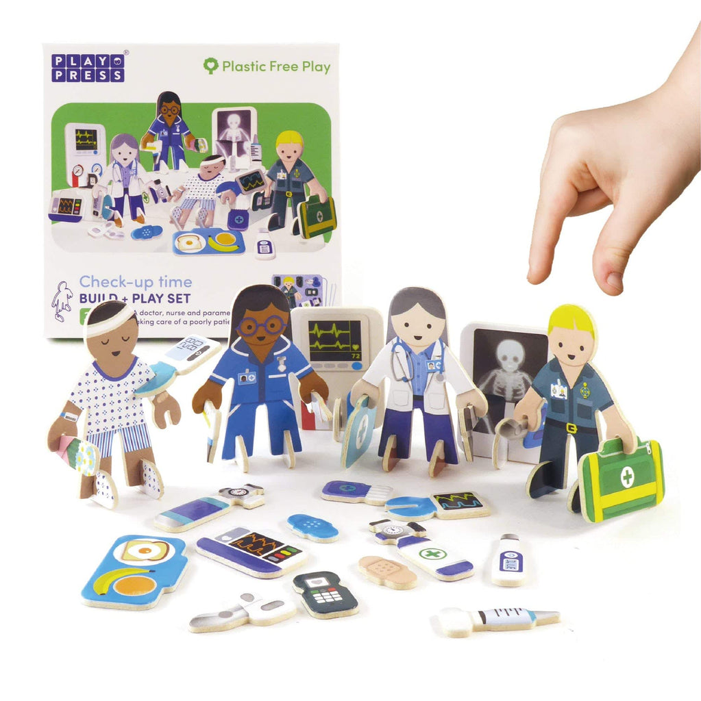 It's check up time! This brilliant Check Up Time Eco-Friendly Build and Play Set by Playpress contains 4 characters for kids to build and play with - a doctor, nurse, paramedic and a patient.