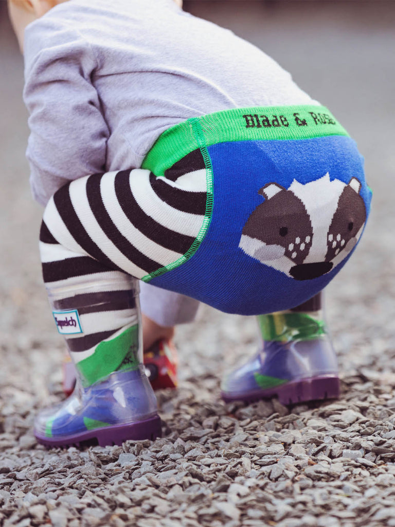 Blade & Rose Pip The Badger Leggings - bold, bright and fun! These fab legging in funky contrasting stripes features a bright blue background with Pip and bold green detail. Sold by Say It Baby Gifts