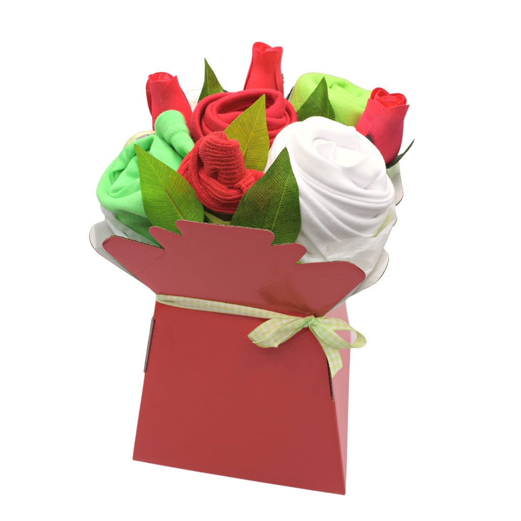 Seasonal Winter Baby Clothes Bouquet. Send new baby wishes with this adorable take on a traditional flower arrangement in cosy winter colours. Say It Baby Gifts Bouquet new baby gift