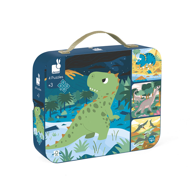 Janod Progressive Difficulty Puzzles - Dinosaurs. Four beautifully illustrated dinosaur themed jigsaws, each progressively more challenging. Sold by Say It Baby Gifts