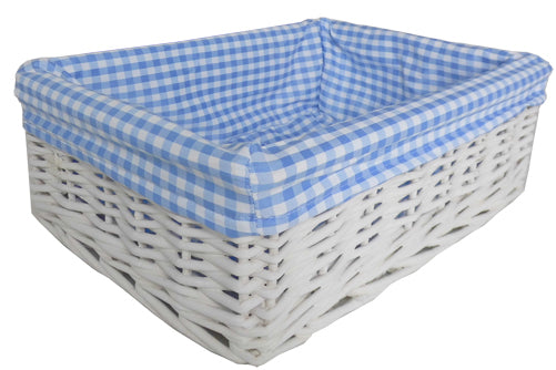 White Wicker Basket with Blue Gingham Lining - Medium. Dimensions : 35x24x12cm high. Sold by Say It Baby Gifts