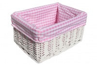 White Wicker Basket with Pink Gingham Lining - Small. Dimensions : 24x18x12cm. Sold by Say It baby Gifts. Empty Basket - contents not included