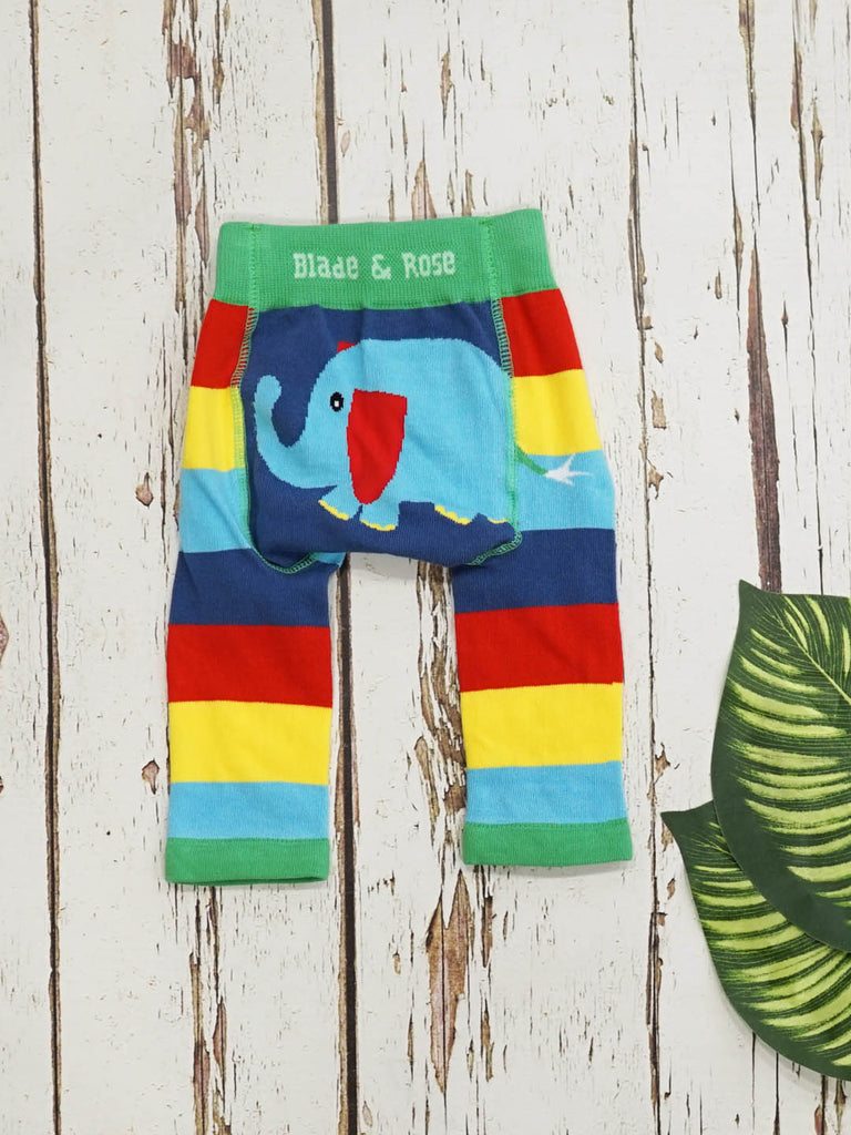 Blade & Rose WWF Organic Elephant Leggings- bold, bright and fun! These fab organic leggings are rainbow striped with a sweet elephant design on the bum.