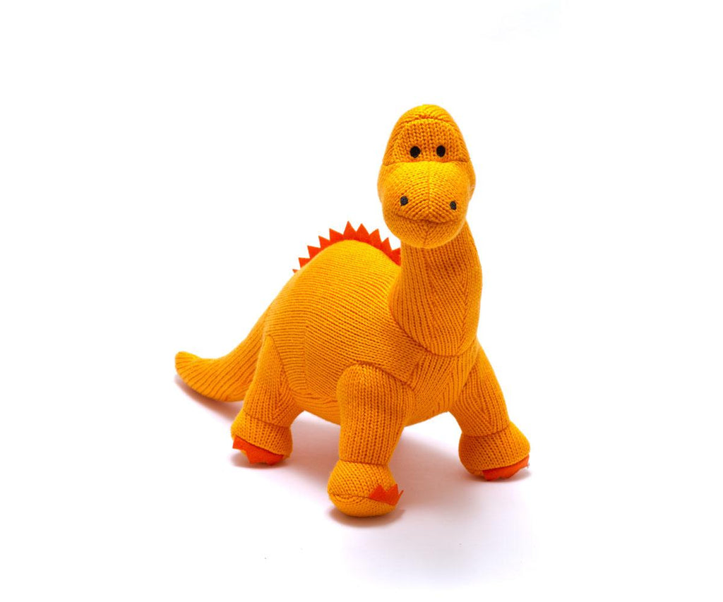 Best Years Knitted Diplodocus Baby Rattle - Orange. Sold by Say It Baby Gifts