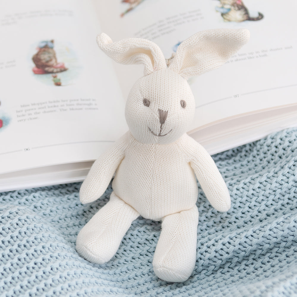 Best Years Knitted Organic Cotton White Bunny Rabbit Rattle. Sold by Say It Baby Gifts