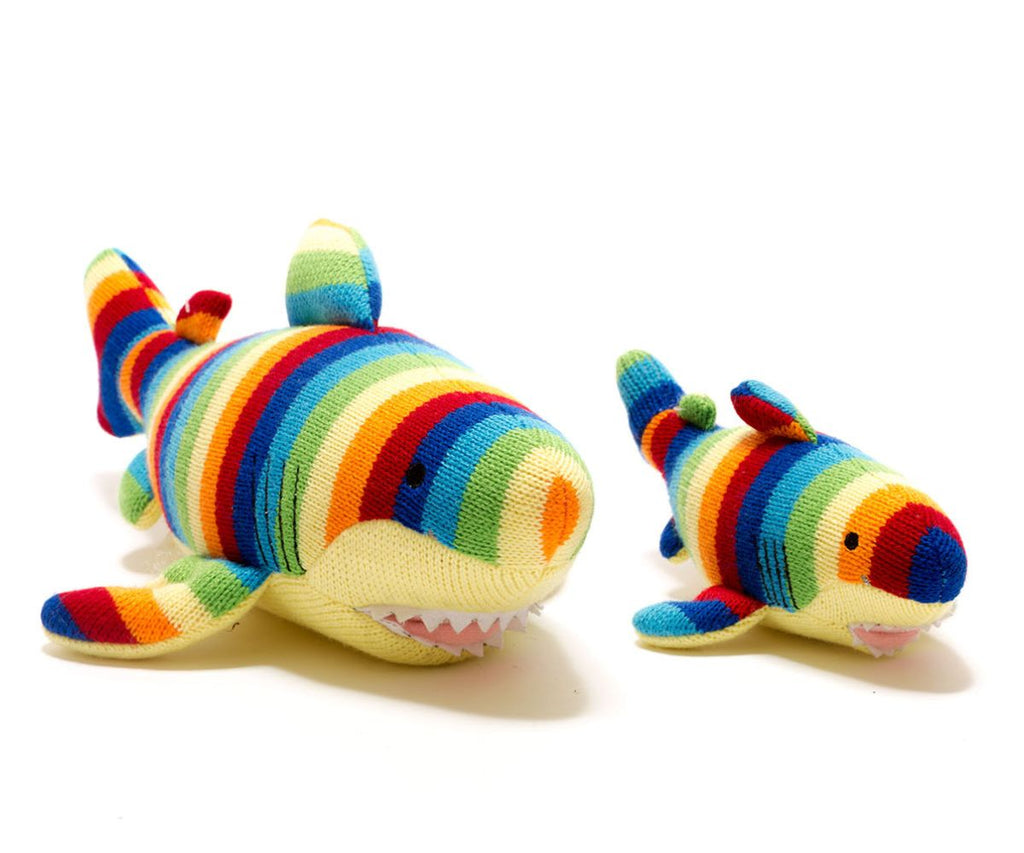 Best Years Bold Stripes Knitted Shark Rattle - a bright, multi-striped shark with a mischievous grin and a gentle rattle! Sold by Say It Baby Gifts