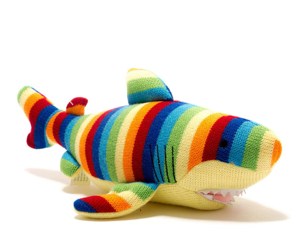 Best Years Bold Stripes Knitted Shark -a bright, muti-striped shark with a mischievous grin! Medium size. Sold by Say It Baby Gifts