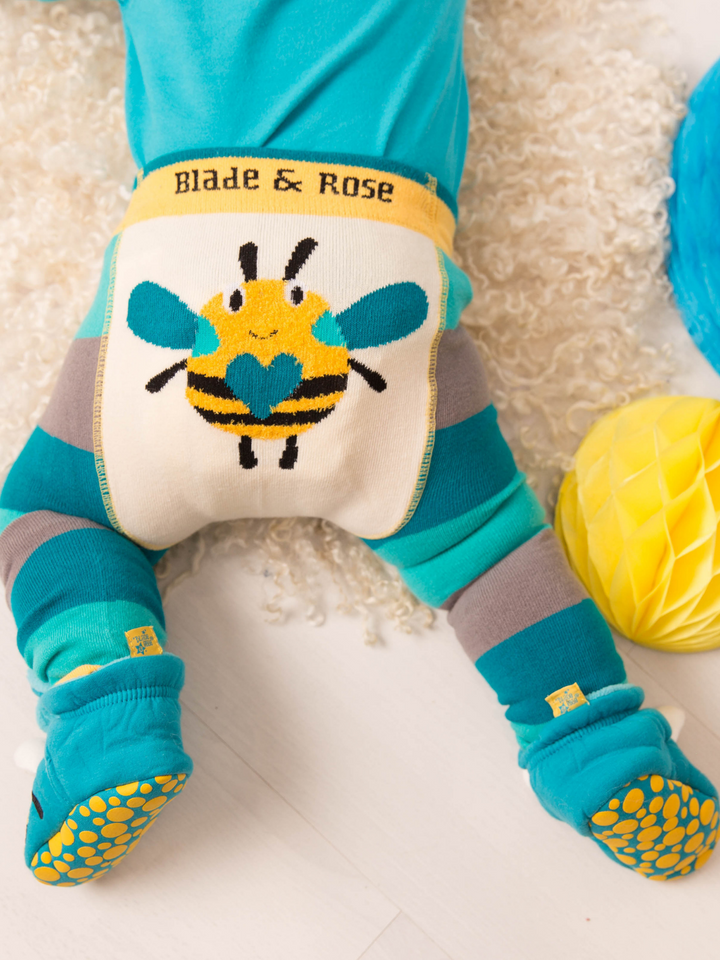 Blade & Rose Weather Leggings - bold, bright and fun! These fab leggings are teal, blue and grey striped with a sweet bee design on the bum.
