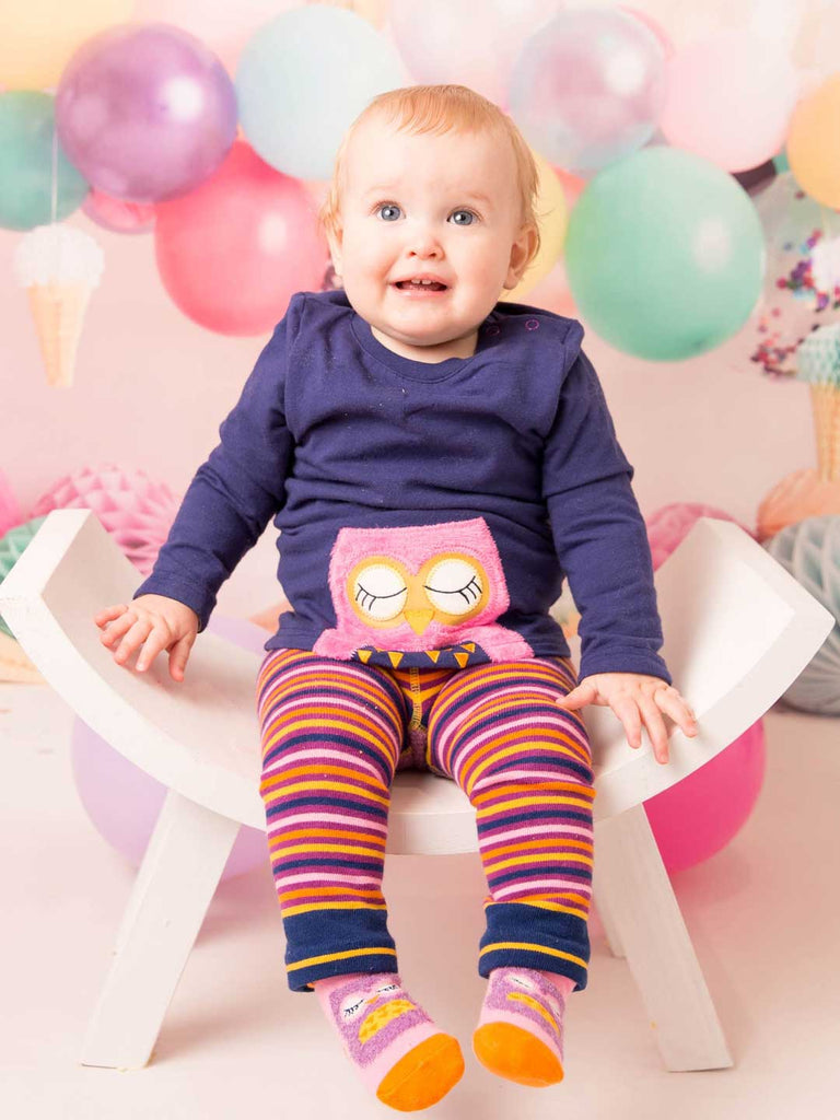 Blade & Rose Betty Owl Leggings - bold, bright and fun! These fab leggings are multi-striped with a gorgeous fluffy Betty Owl design on the bum.. Sold by Say It Baby Gifts