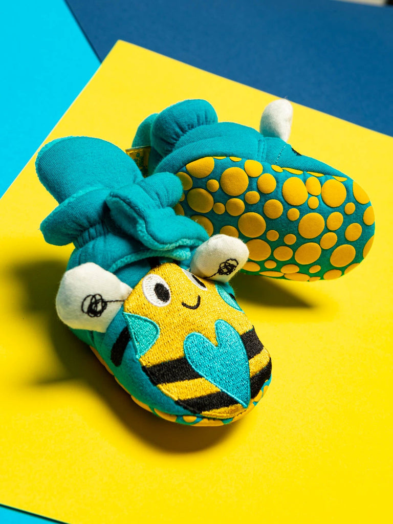 Blade & Rose Buzzy Bee Booties - beautifully quirky, soft and cosy baby booties in turquoise, yellow and black with a gorgeous bee design. Say It Baby Gifts