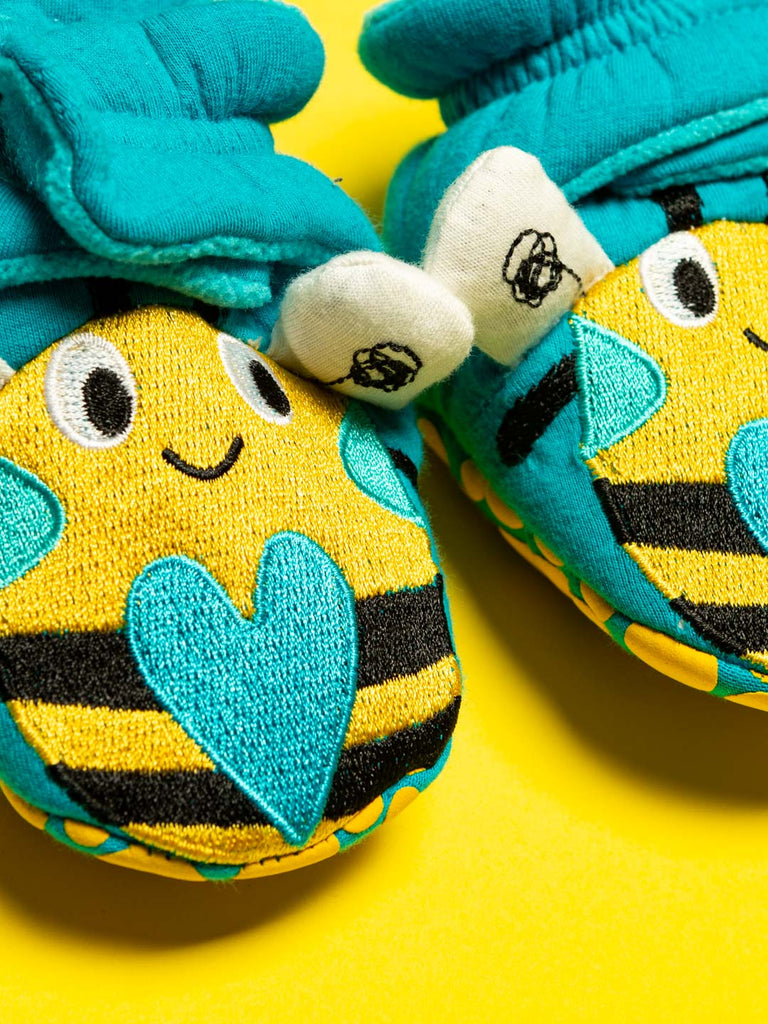 Blade & Rose Buzzy Bee Booties - beautifully quirky, soft and cosy baby booties in turquoise, yellow and black with a gorgeous bee design. Say It Baby Gifts