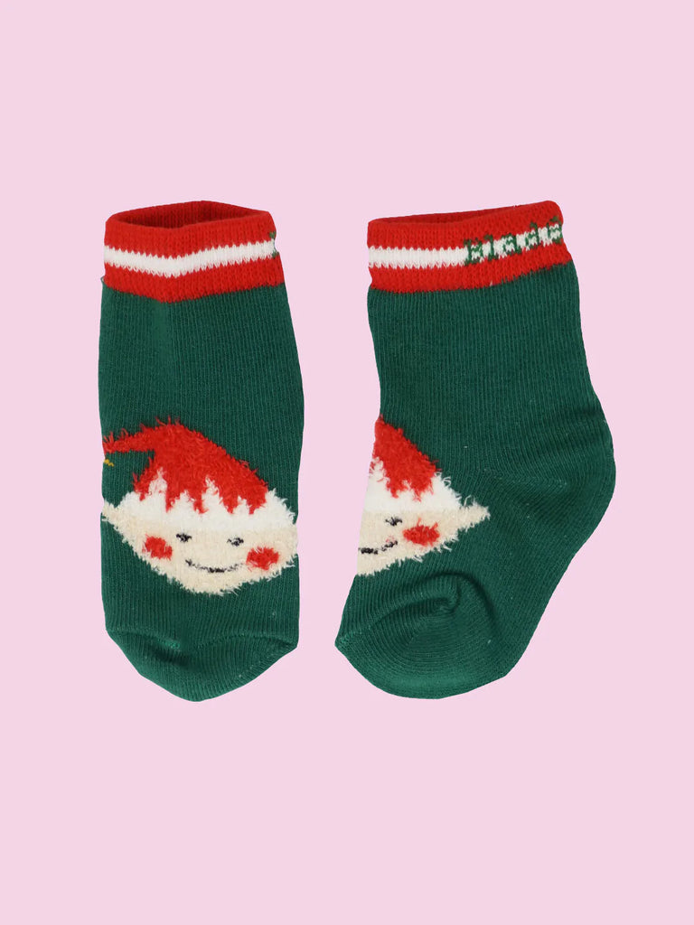 Blade & Rose Christmas Elf Socks - bold, bright and fun! These festive socks feature a forest green background and a fluffy Christmas Elf. Say It Baby Gifts