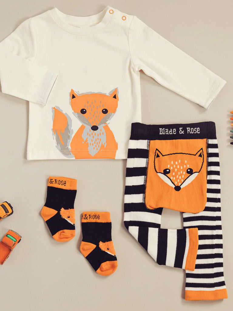Blade & Rose Fox Top - bold, bright and fun! This gorgeous cream top features a sweet orange fox with flock embellishments on the cheeks and tail. Sold by Say It Baby Gifts