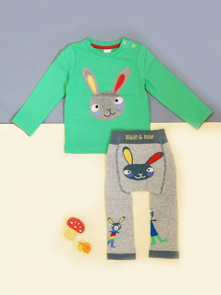 Blade & Rose Garden Bunny Leggings - bold, bright and fun! These fab legging in grey feature a colorful bunny with yellow and red ears and purple cheeks -  and are perfect gift for baby boy or girl. Sold by Say It Baby Gifts