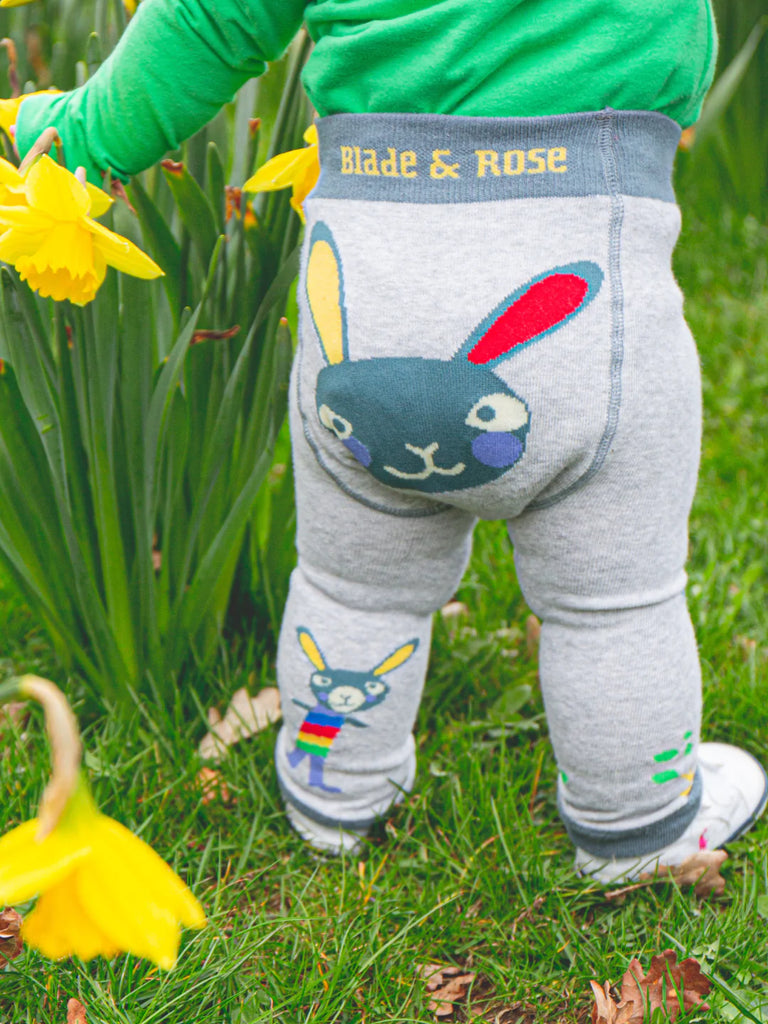 Blade & Rose Garden Bunny Leggings - bold, bright and fun! These fab legging in grey feature a colorful bunny with yellow and red ears and purple cheeks -  and are perfect gift for baby boy or girl. Sold by Say It Baby Gifts