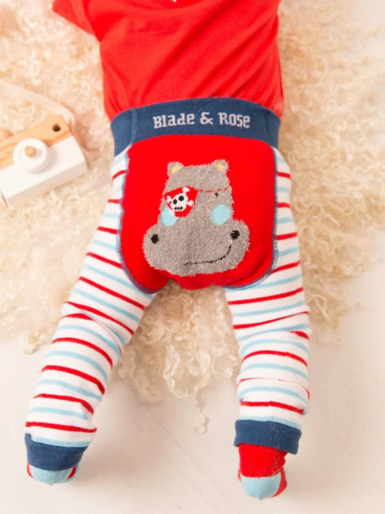 Blade & Rose Harry The Hippo Leggings - bold, bright and fun! These fab leggings in white, red and light blue stripes feature Harry the Hippo and his cool pirate patch in a sherpa fleece. Sold by Say It Baby Gifts