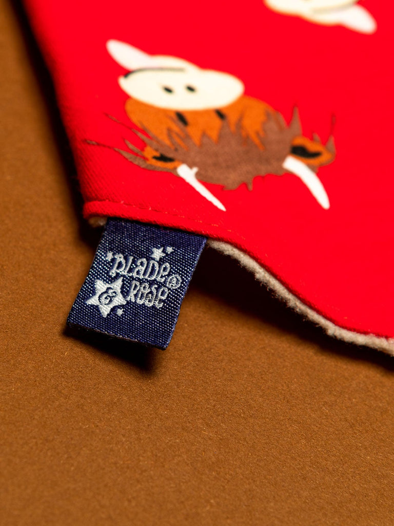 Blade & Rose Fox Bib - bold, bright and fun! This gorgeous bandana bib is bright red with the cutest Highland Cow design. One size. Say It Baby Gifts