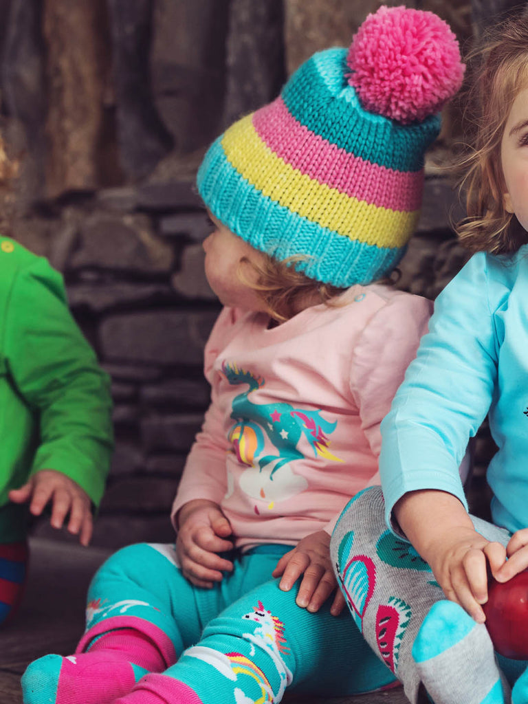 Blade & Rose Pastel Striped Bobble Hat - bold, bright and fun! A gorgeous colourful and cosy hat - perfect to keep little ones head warm. Say It Baby Gifts