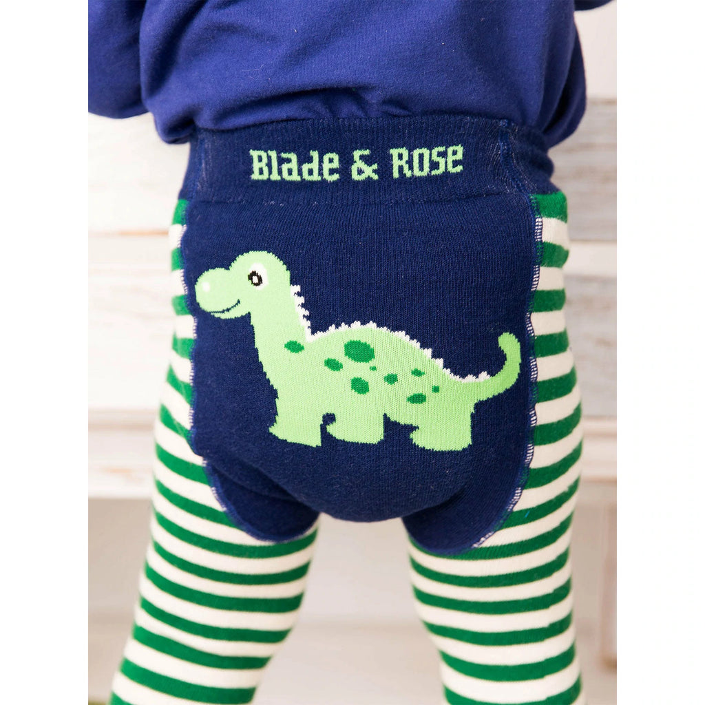 Blade & Rose Maple the Dino Leggings - bold, bright and fun! These fab leggings have alternating cream and green stripes with little Maple the Dino on each leg and a contrasting navy bum.