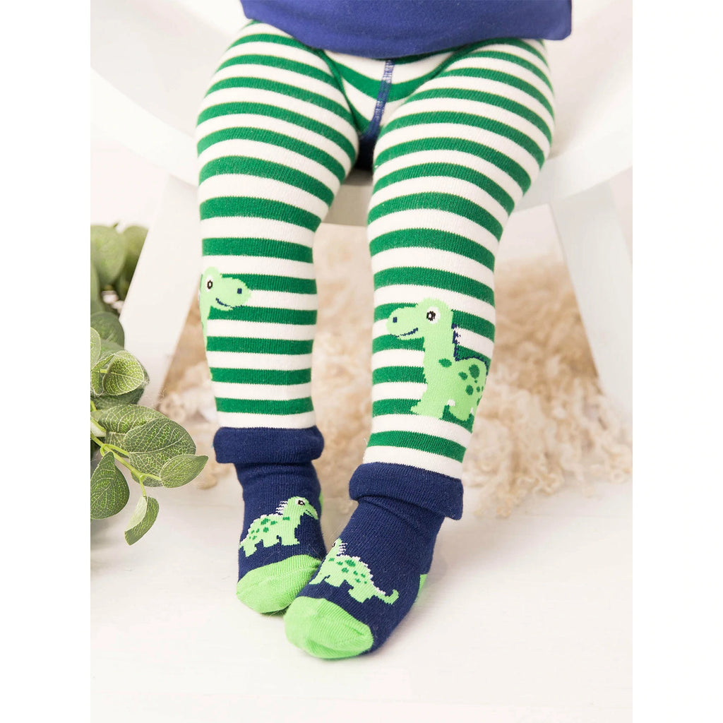 Blade & Rose Maple the Dino Leggings - bold, bright and fun! These fab leggings have alternating cream and green stripes with little Maple the Dino on each leg and a contrasting navy bum.