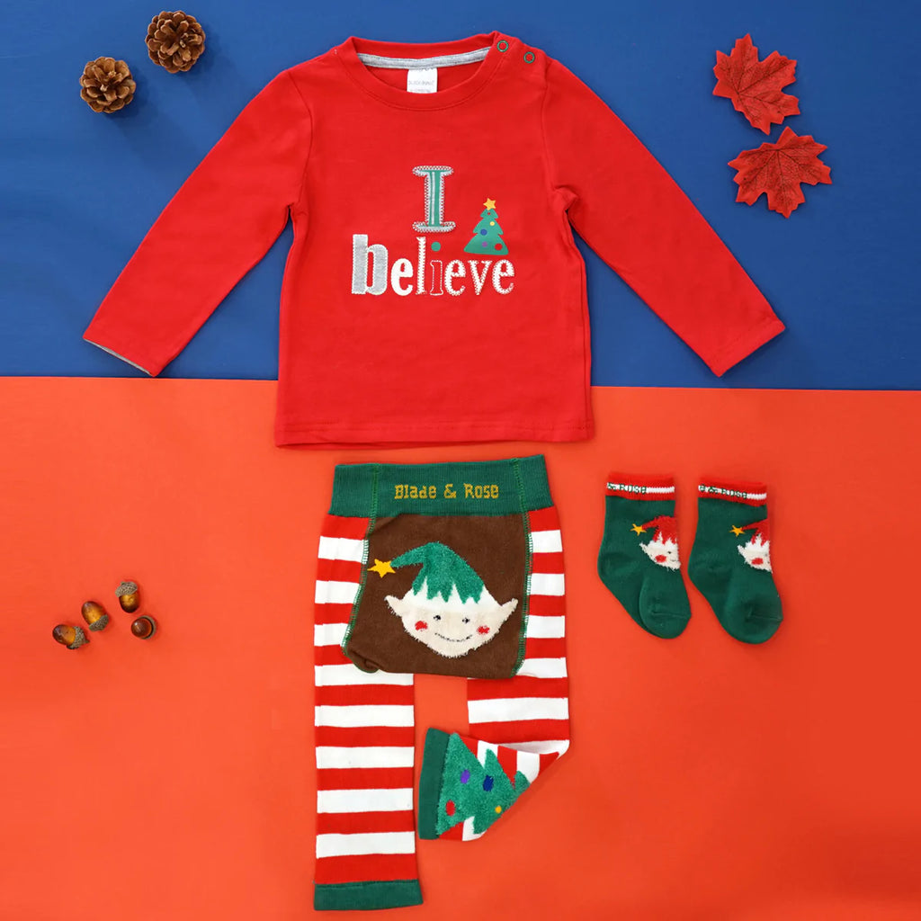Blade & Rose Christmas Elf Socks - bold, bright and fun! These festive socks feature a forest green background and a fluffy Christmas Elf. Say It Baby Gifts