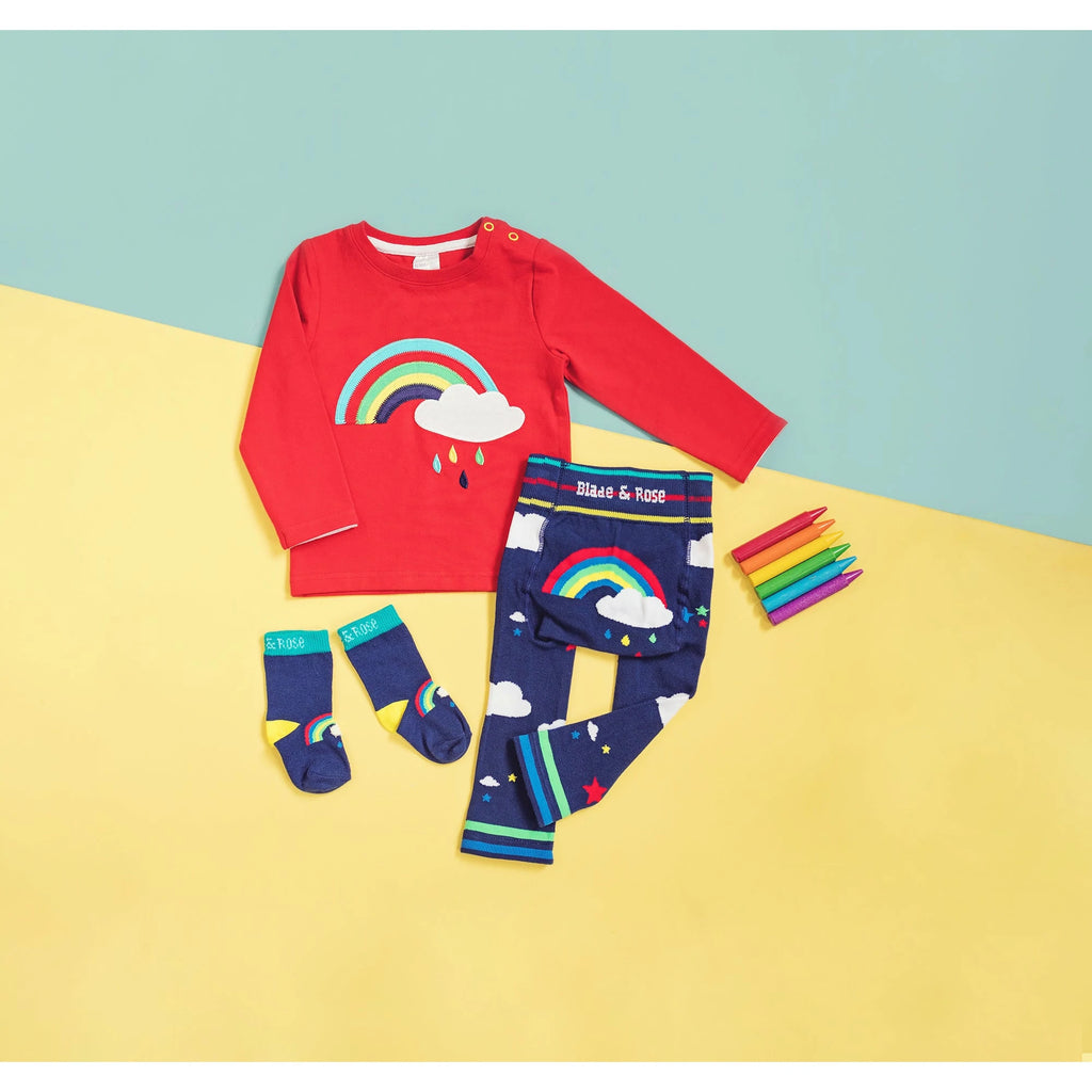 Blade & Rose Weather Top- bold, bright and fun! This gorgeous bright red top features a rainbow stitched design and a white fluffy cloud with multicoloured droplets.