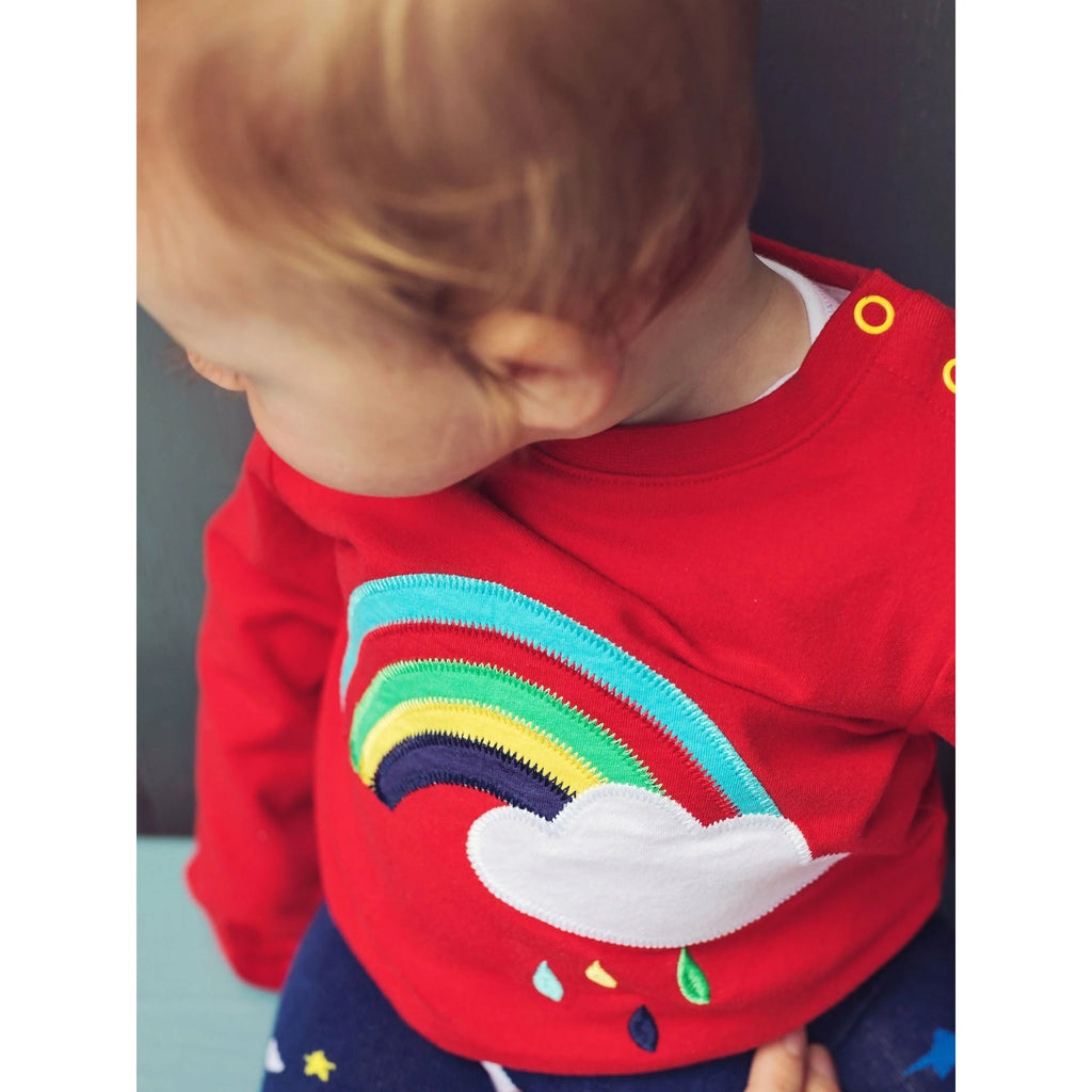 Blade & Rose Weather Top- bold, bright and fun! This gorgeous bright red top features a rainbow stitched design and a white fluffy cloud with multicoloured droplets.