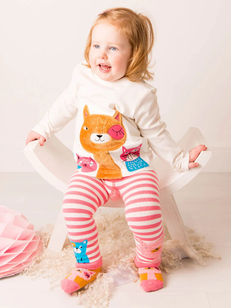 Blade & Rose Willow The Cat Leggings - bold, bright and fun! These fab leggings feature sweet candy-pink and white striped legs and a gorgeous Willow the Cat design on the bum. Sold by Say It Baby Gifts