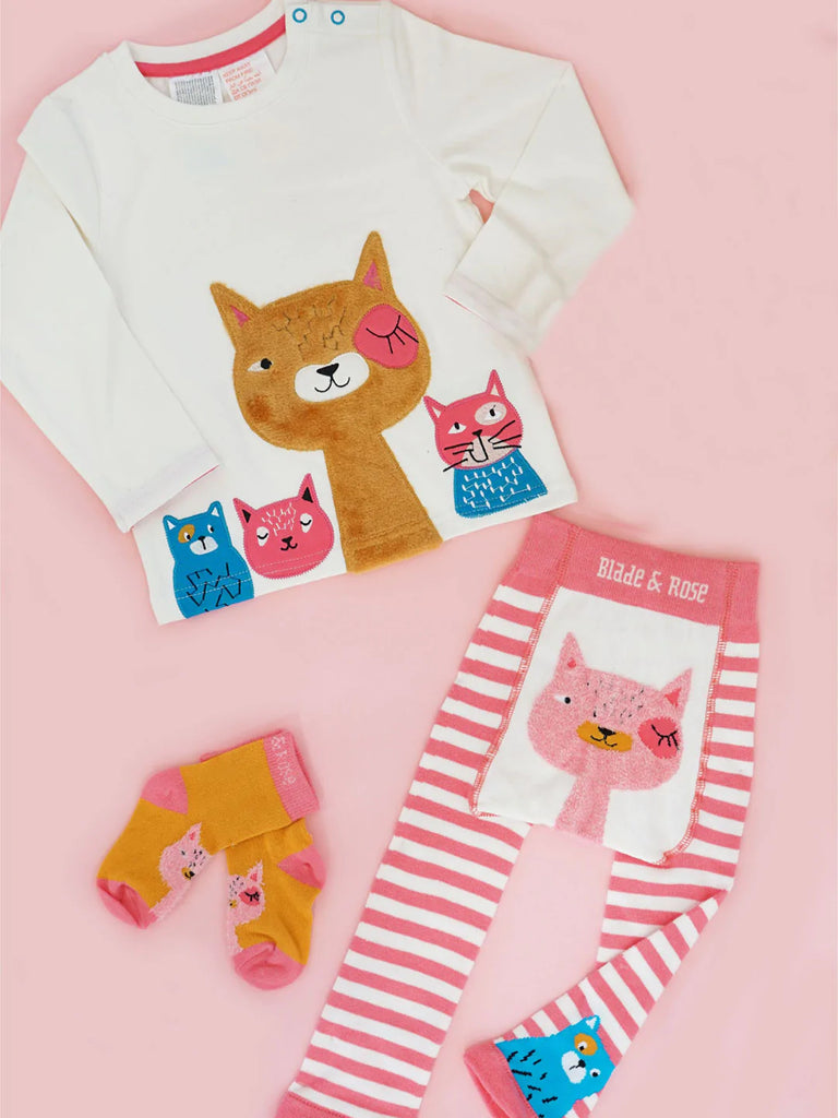 Blade & Rose Willow The Cat Top - bold, bright and fun! This gorgeous white top features the gorgeous Willow the Cat with a fluffy fleece applique. Sold by Say It Baby Gifts