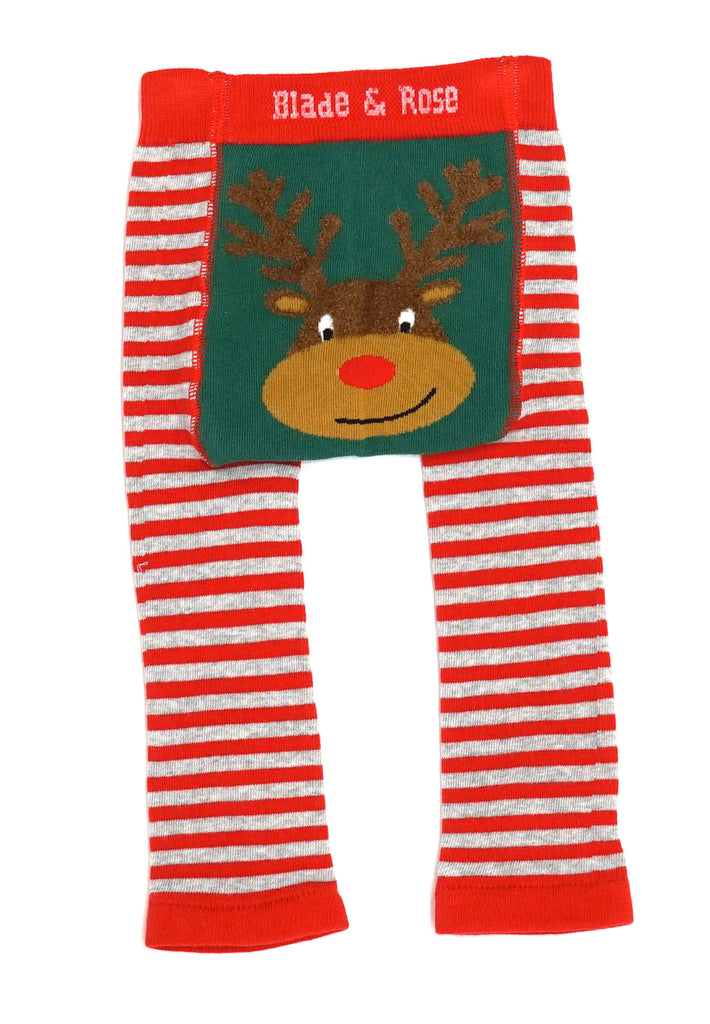Blade & Rose Festive Reindeer Leggings - bold, bright and fun! These fab leggings have a thin candy red and grey striped pattern, with snowmen on the ankles and a cute reindeer with fluffy knit antlers, bright red nose and smiley face! Sold by Say It Baby Gifts