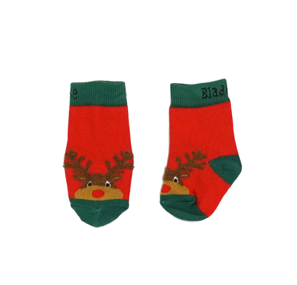 Blade & Rose Festive Reindeer Socks - bold, bright and fun! These festive socks in red feature a sweet reindeer with fluffy knit detailing on the antlers. Sold by Say It Baby Gifts