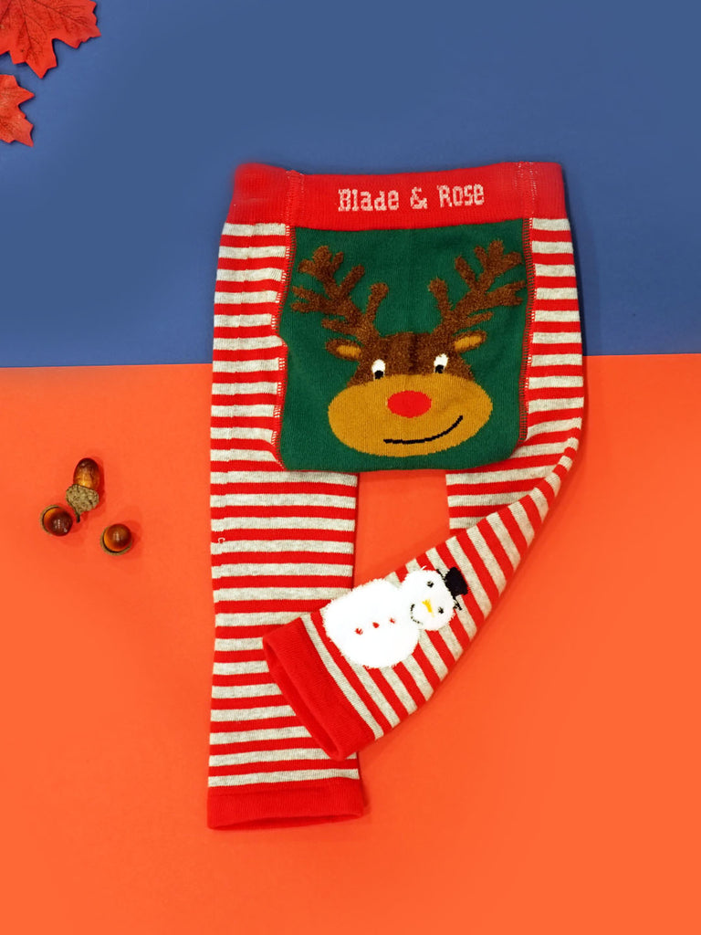 Blade & Rose Festive Reindeer Leggings - bold, bright and fun! These fab leggings have a thin candy red and grey striped pattern, with snowmen on the ankles and a cute reindeer with fluffy knit antlers, bright red nose and smiley face! Sold by Say It Baby Gifts