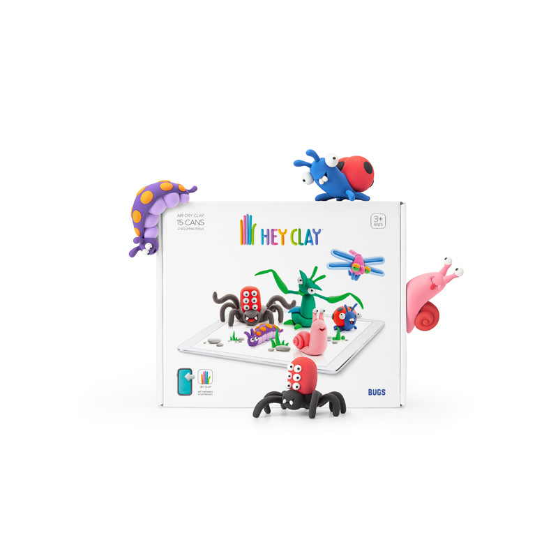 HEY CLAY Bugs Modelling Set - sold by Say It Baby Gifts. with free app. This set includes the free exciting app that will help kids turn their clay modeling into creative fun. By performing simple actions and making basic shapes from the clay, kids will learn step-by-step how to sculpt awesome characters and create their own masterpieces. 
