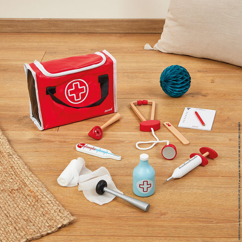 Janod Doctor's Suitcase - this fun Doctor's bag is filled with everything needed for kids to have fun imaginative play and take care of their family, friends and toys! Sold by Say it Baby Gifts