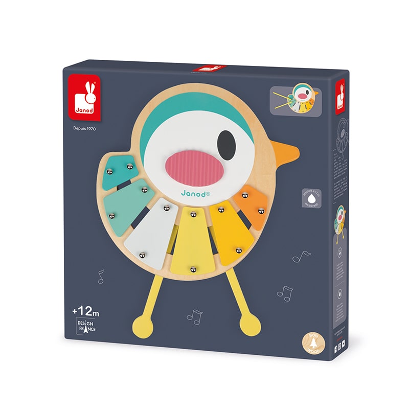 janod xylophone for age 12 months plus in shape of a pretty bird. It is also equipped with non-slip feet for more stability. A great gift for age 12 months and up.