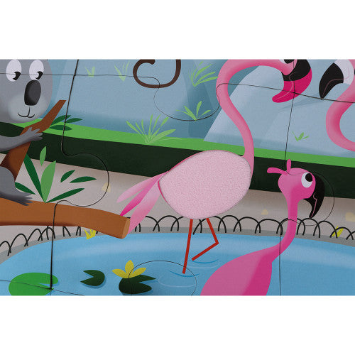 Janod Farm Animals Tactile Puzzle. This is a beautifully illustrated, colourful and tactile giant puzzle is made up of 20 large pieces in the theme of a day at the zoo. Flamingo.